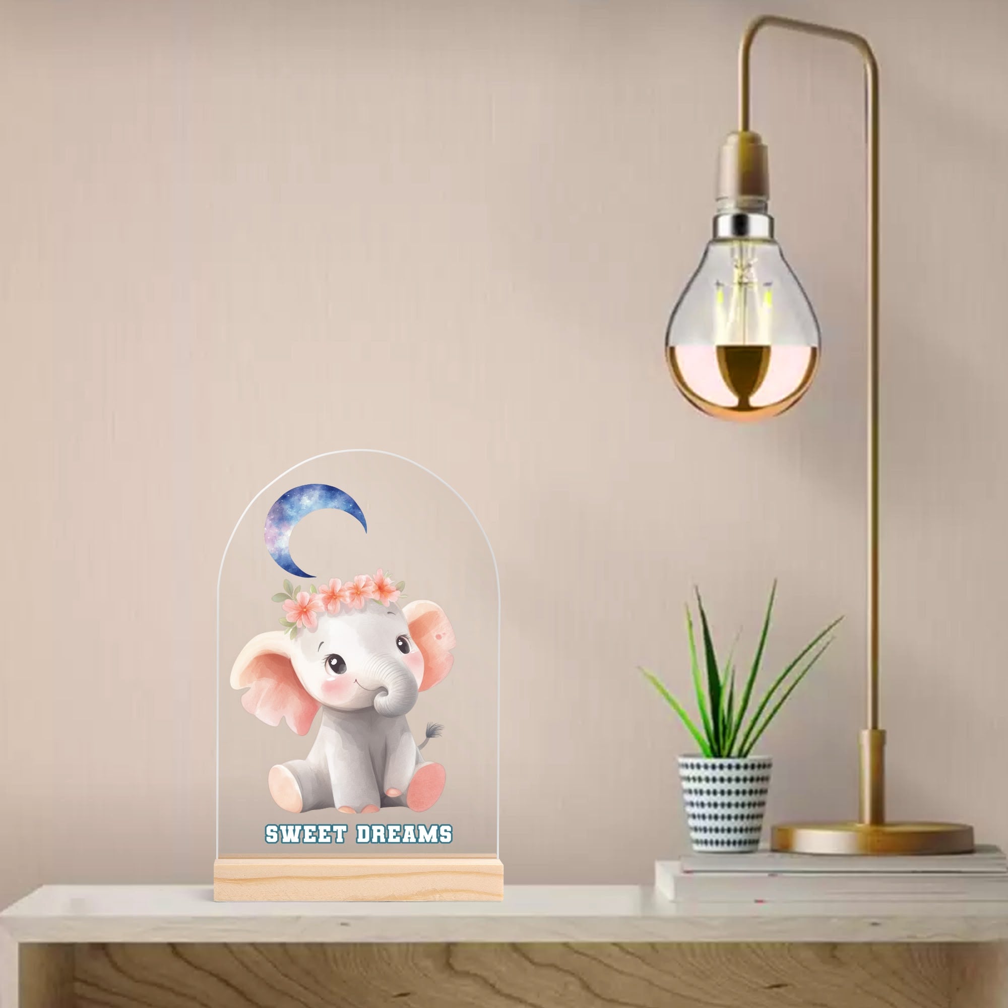 Baby Elephant Sweet Dreams Lightweight Arch Acrylic LED Night Light with Wood Stand