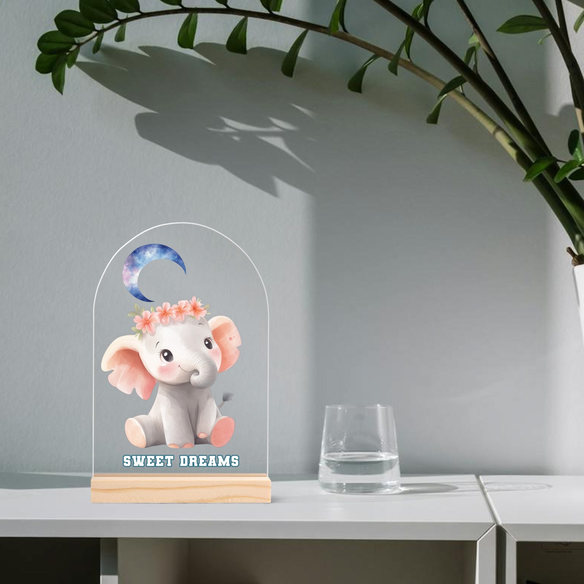 Baby Elephant Sweet Dreams Lightweight Arch Acrylic LED Night Light with Wood Stand