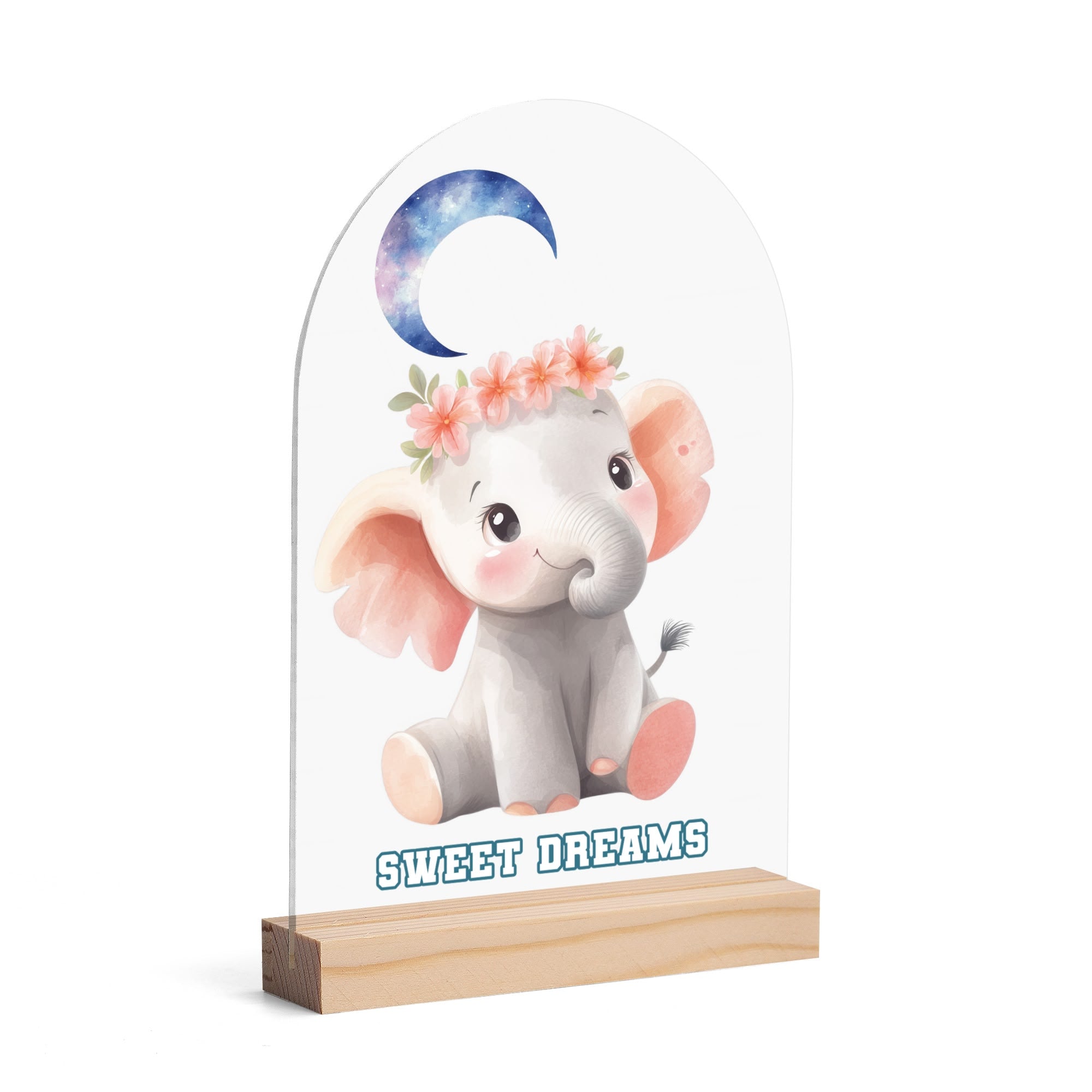 Baby Elephant Sweet Dreams Lightweight Arch Acrylic LED Night Light with Wood Stand