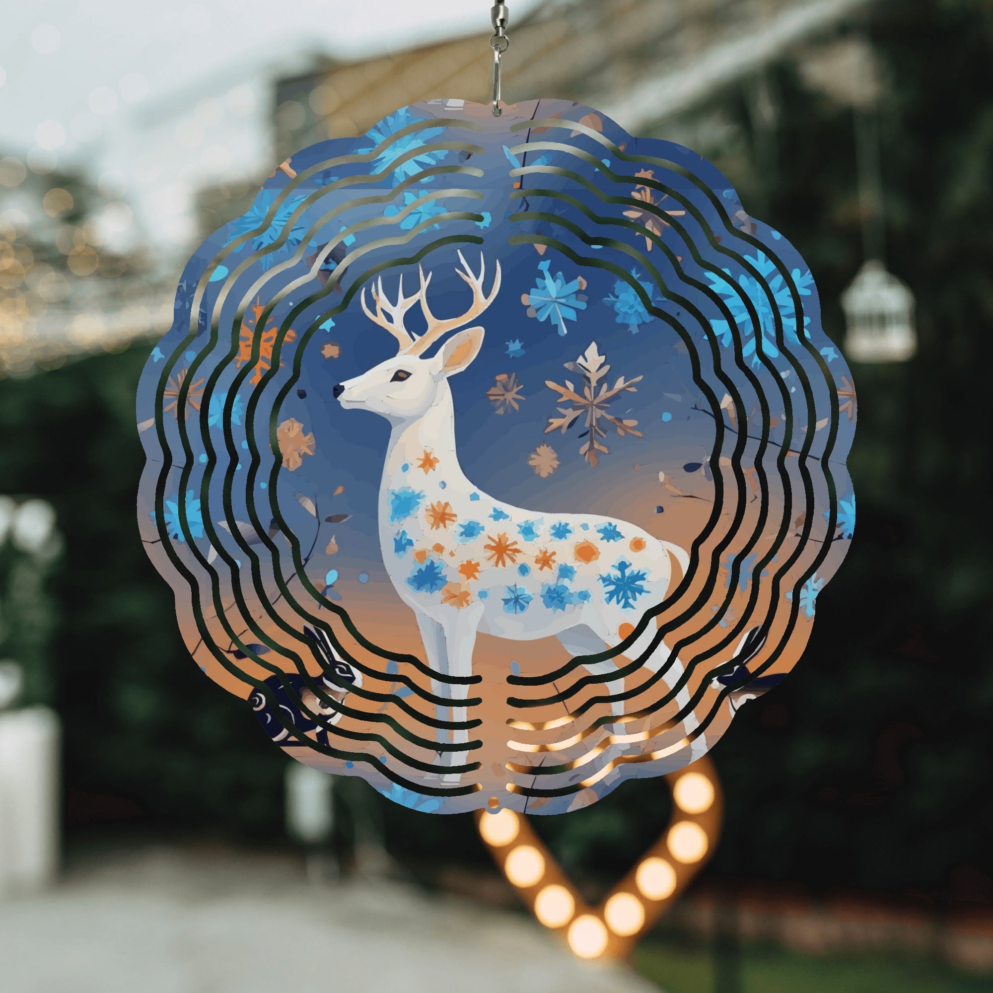 Christmas White Deer Round  Wind Spinner Holiday Outdoor Decor