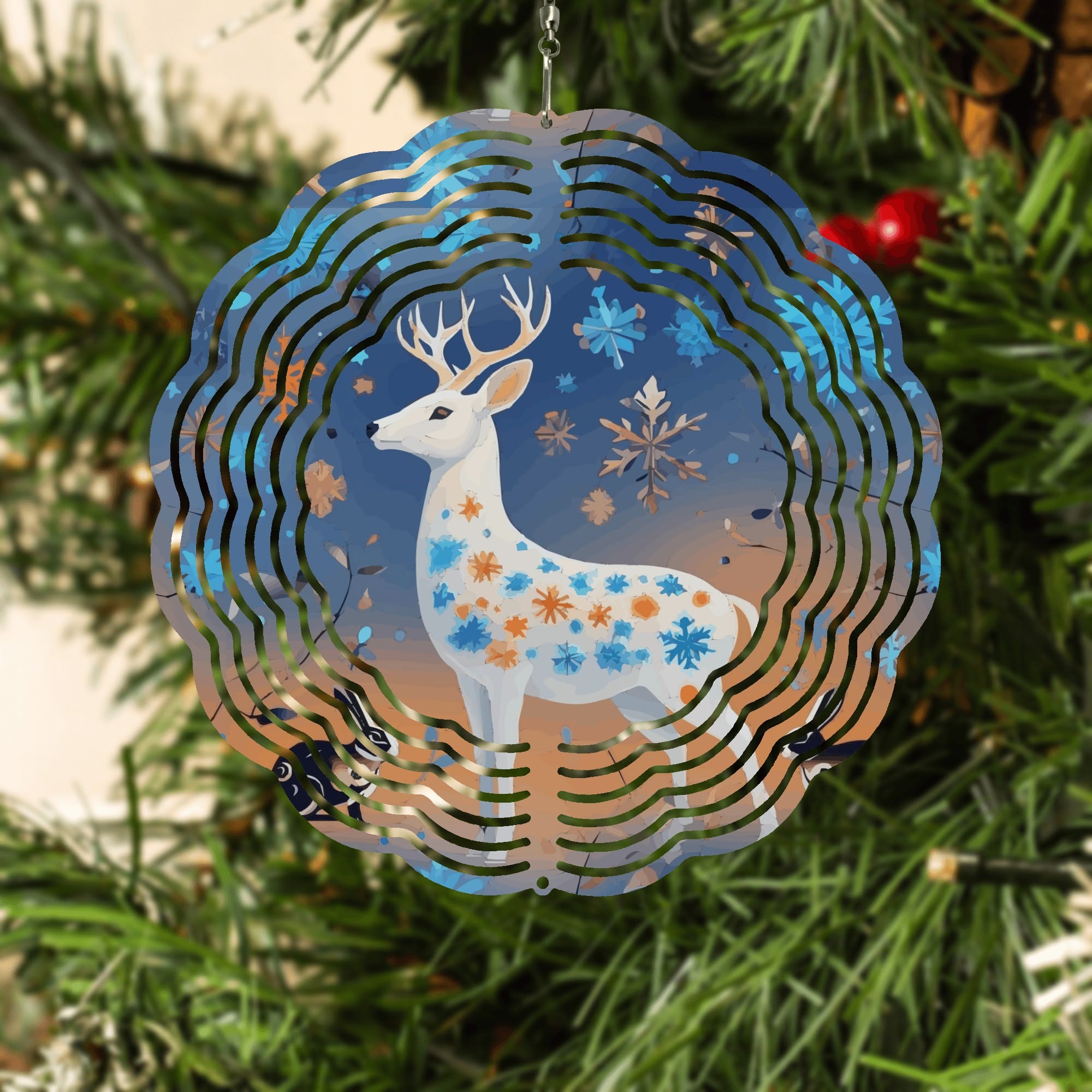 Christmas White Deer Round  Wind Spinner Holiday Outdoor Decor