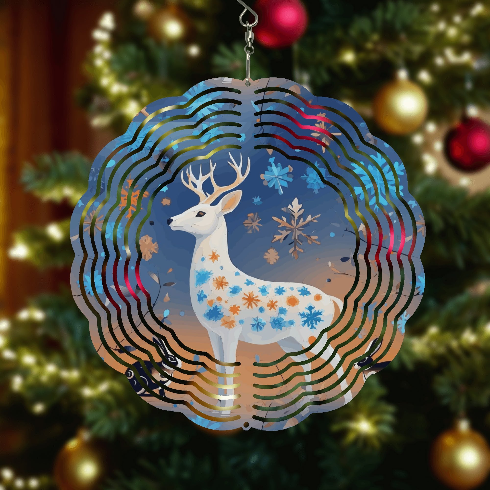 Christmas White Deer Round  Wind Spinner Holiday Outdoor Decor