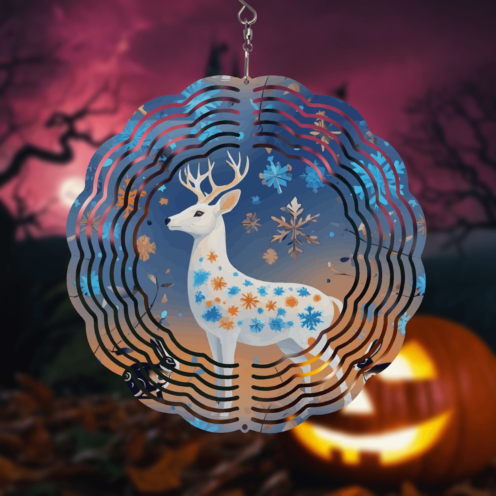 Christmas White Deer Round  Wind Spinner Holiday Outdoor Decor