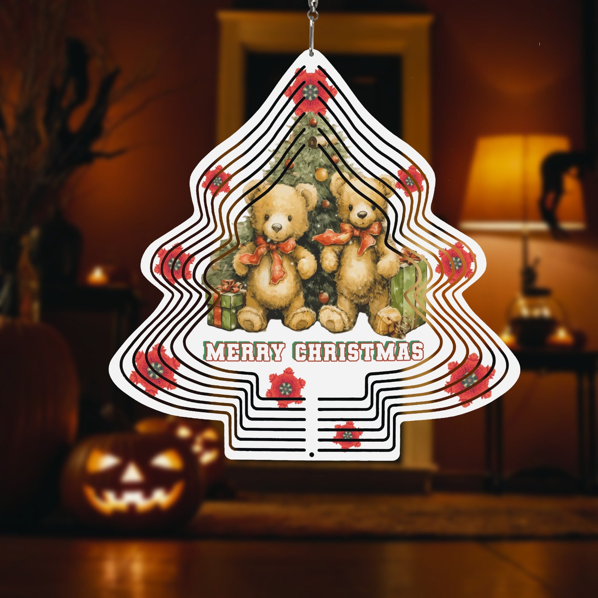 Christmas Tree Teddy Bears Wind Spinner for Garden Decor Yard Art