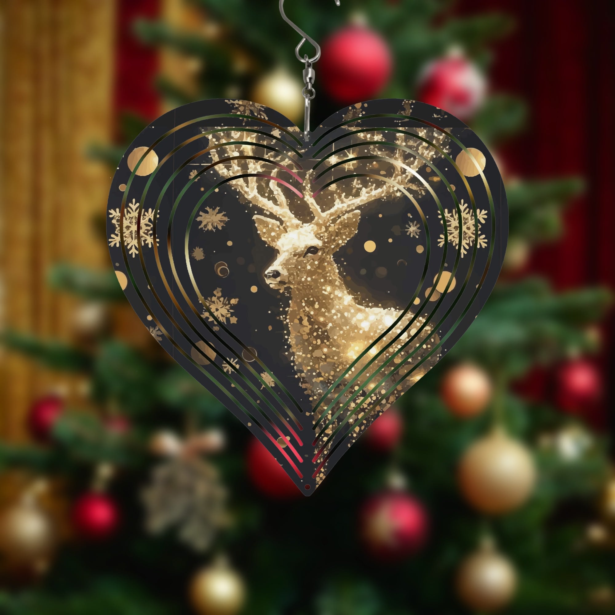 Christmas Reindeer Heart-shaped Wind Spinner Outdoor Holiday Decor