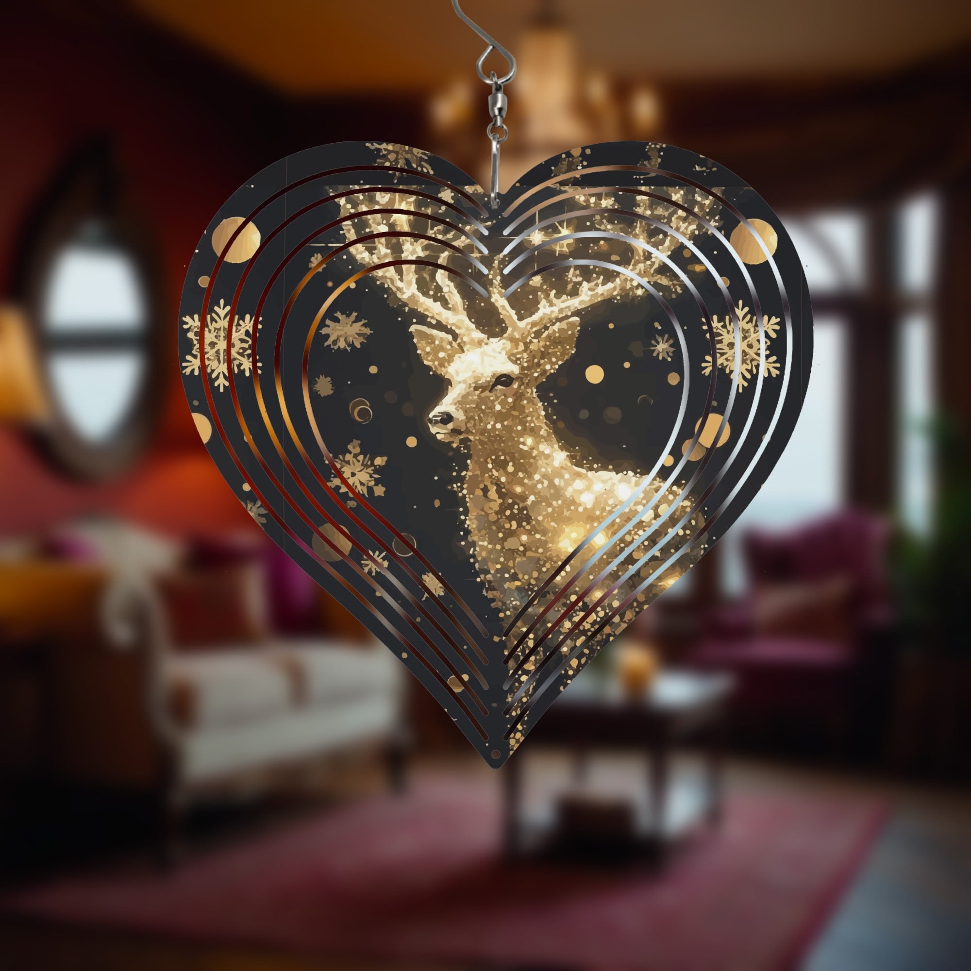 Christmas Reindeer Heart-shaped Wind Spinner Outdoor Holiday Decor