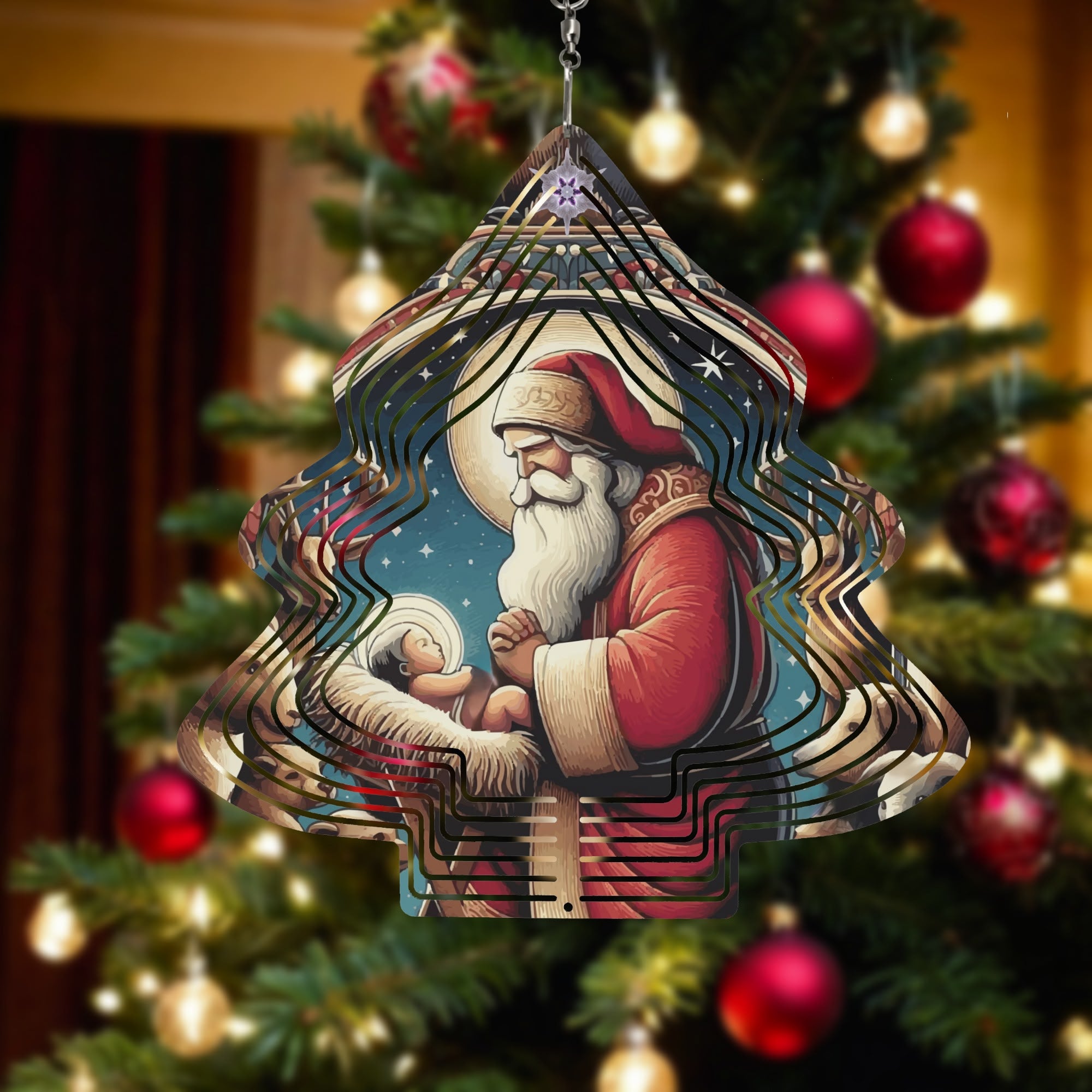 Santa with Baby Jesus Tree-shaped Wind Spinner Christmas Decor