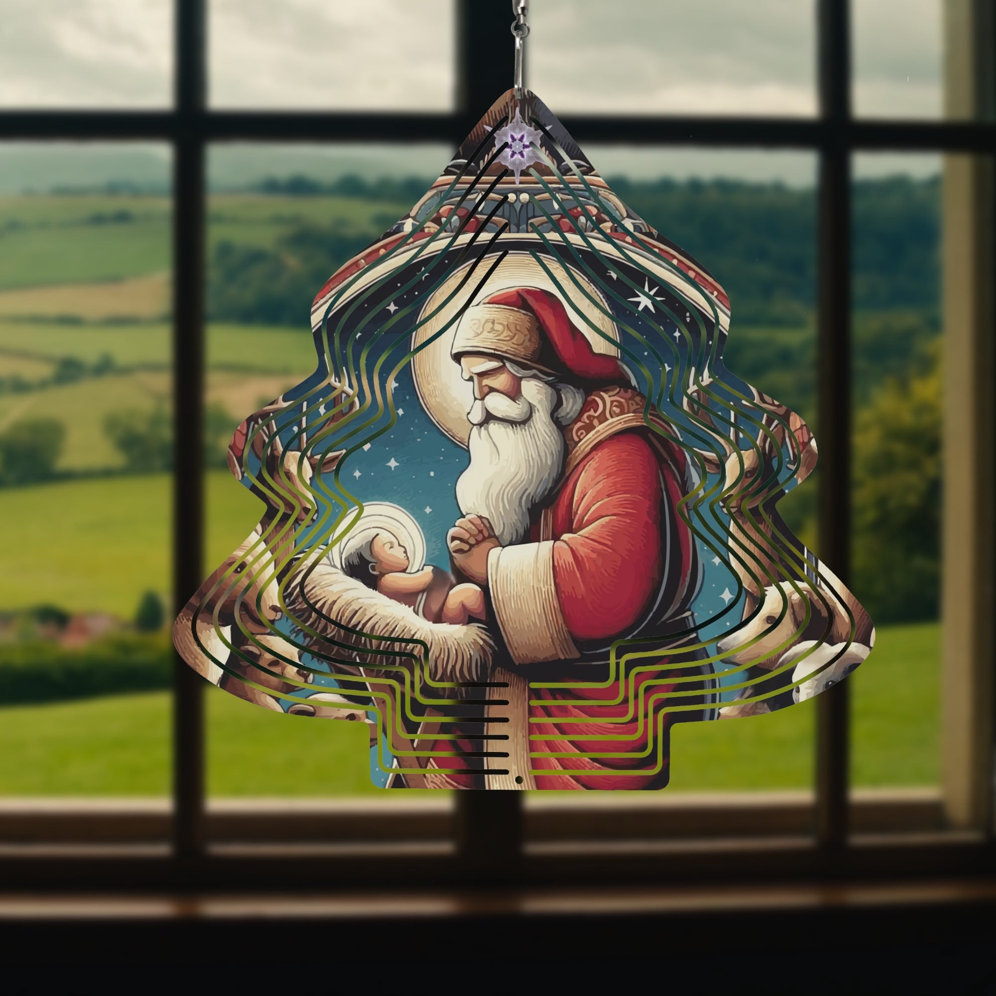 Santa with Baby Jesus Tree-shaped Wind Spinner Christmas Decor