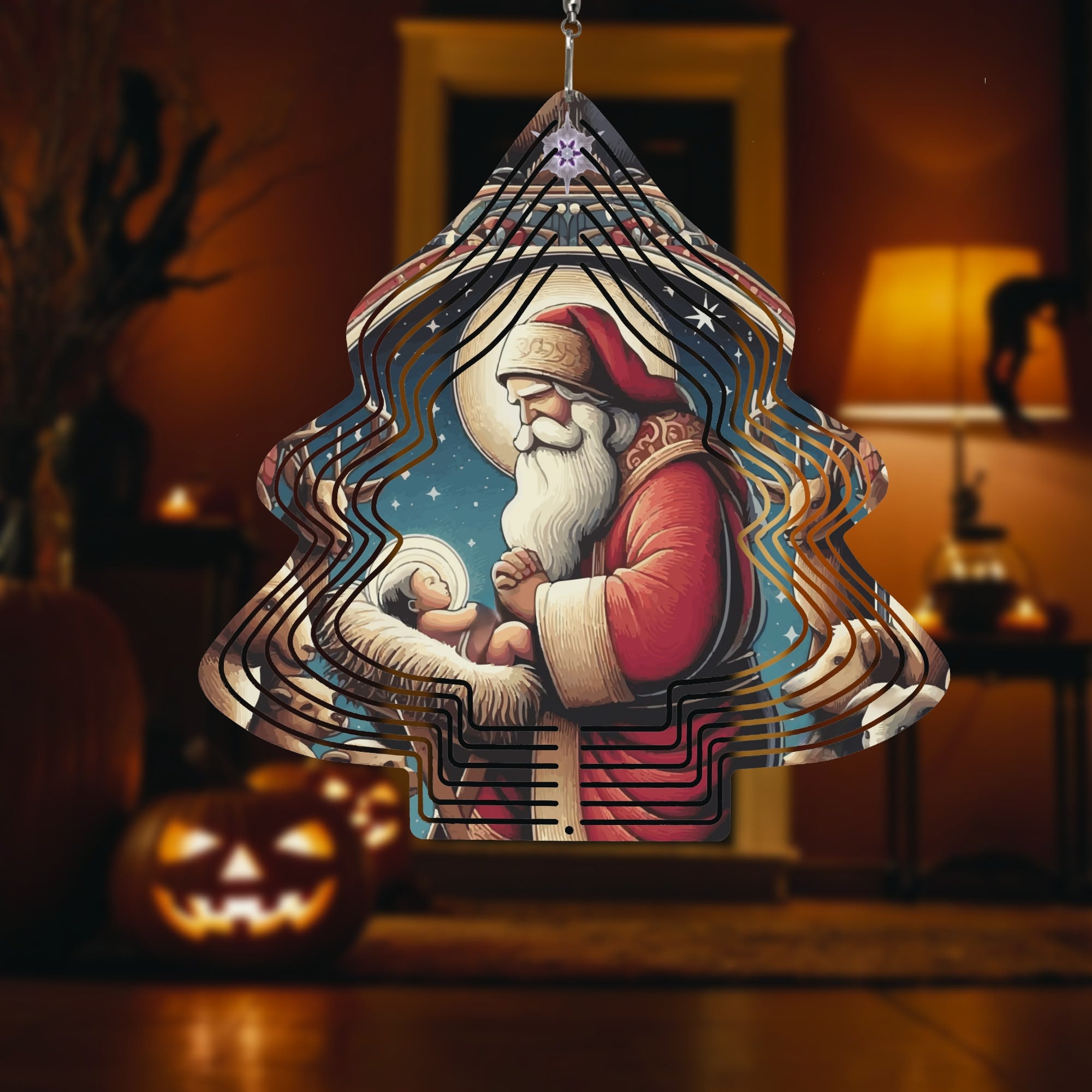 Santa with Baby Jesus Tree-shaped Wind Spinner Christmas Decor