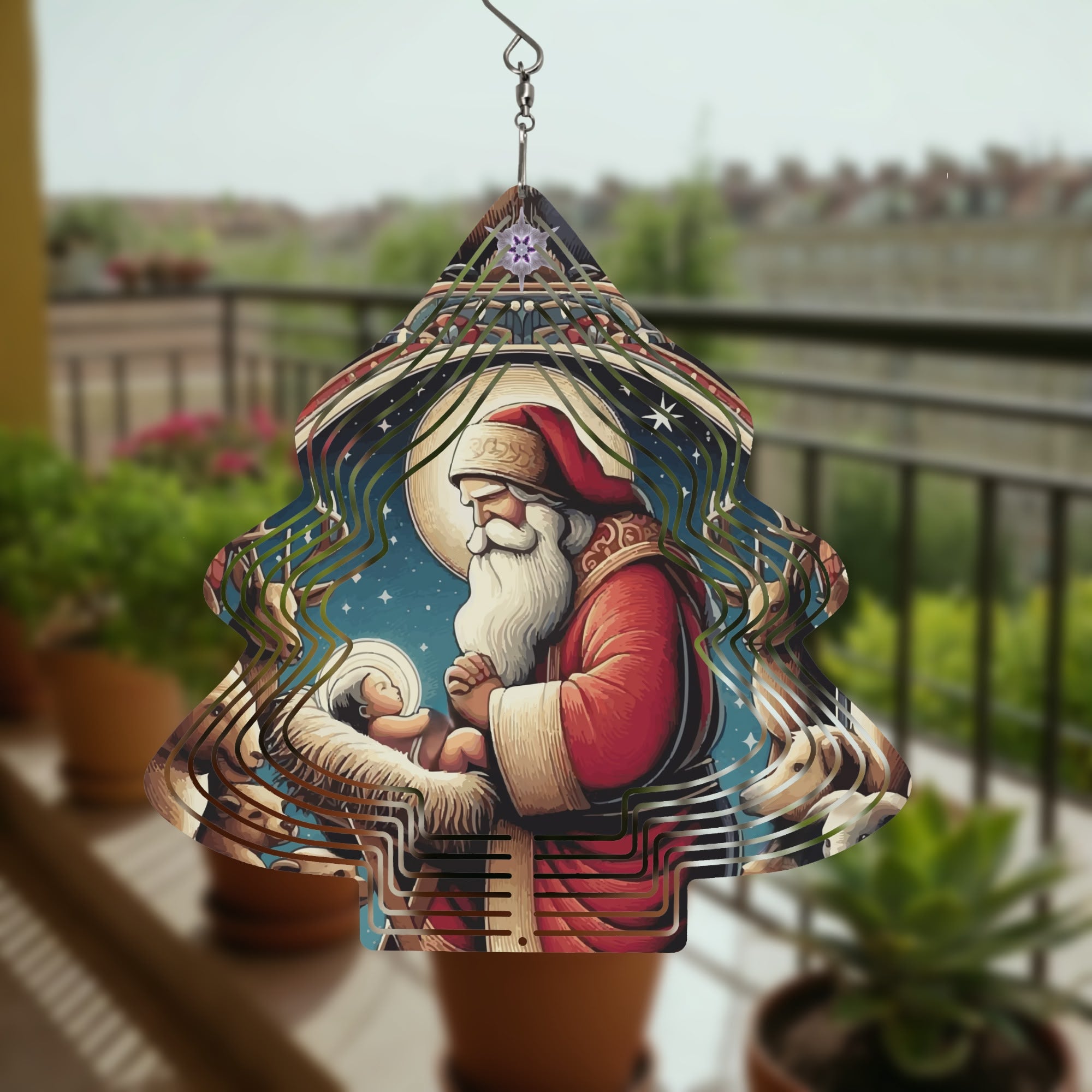 Santa with Baby Jesus Tree-shaped Wind Spinner Christmas Decor