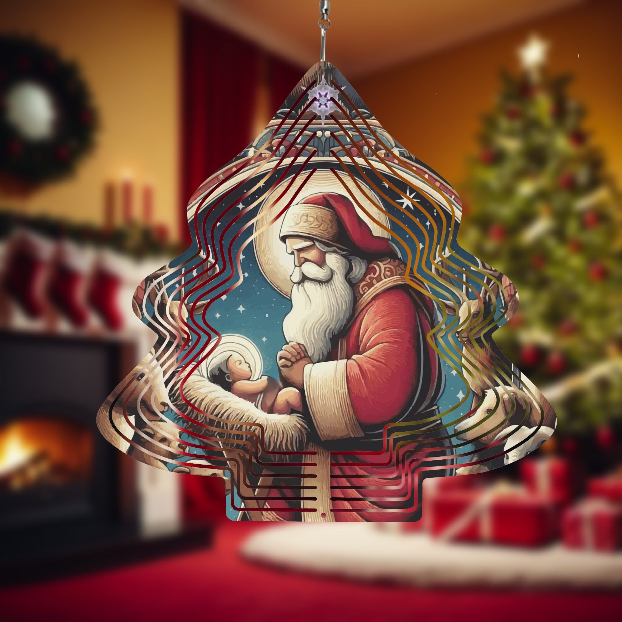 Santa with Baby Jesus Tree-shaped Wind Spinner Christmas Decor