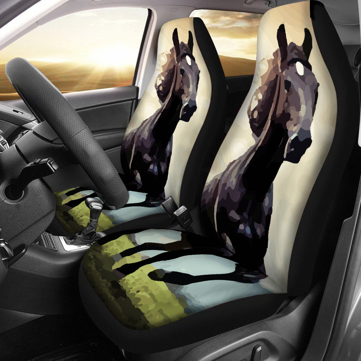 Wild Black Horse Universal Front Car Seat Covers With Thickened Back