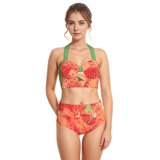 Orange Tiger Lily Printed Women's 2-piece Swimsuit Set With Halter