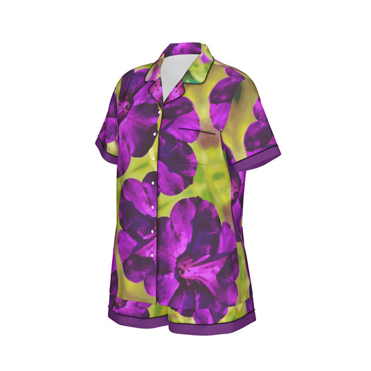 Women's Dark Purple Flowers Silky Pajama Set With Shorts up to 4XL