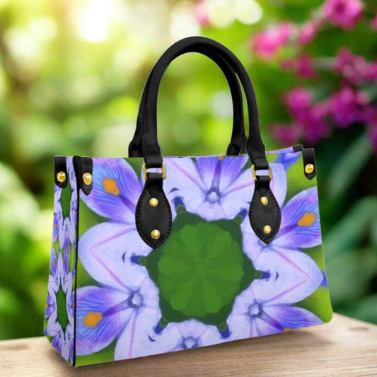 Women's Purple Flower Design Tote Bag With Black Handle