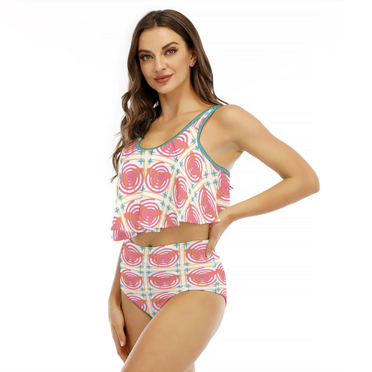 Peach Whirly Twirls Printed Women's Ruffled Vest 2-piece Swimsuit up to 2XL