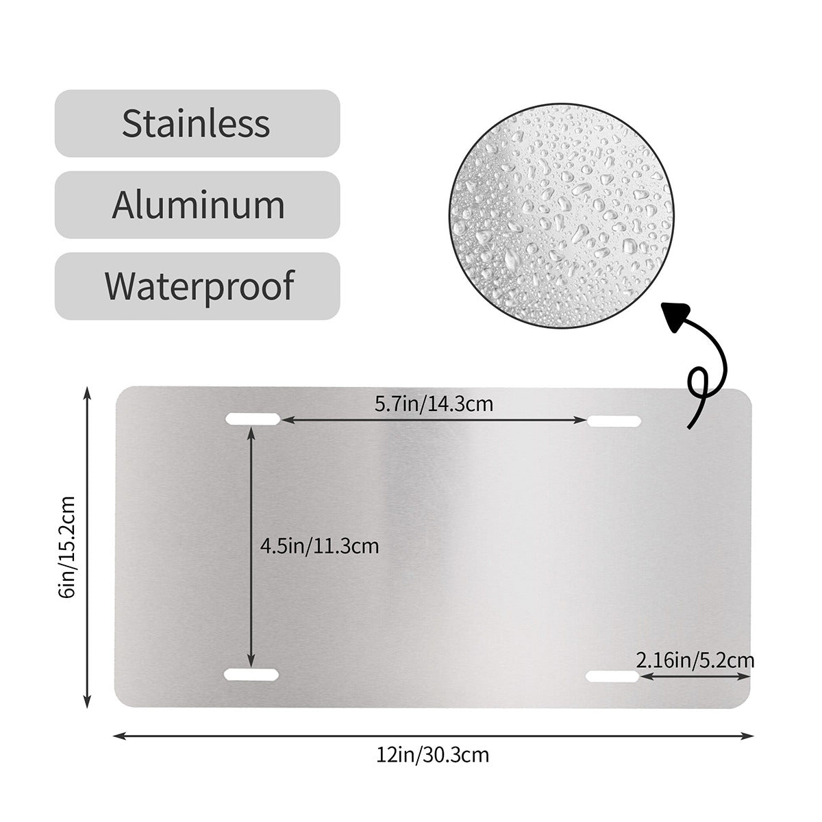 Stainless steel license plate with dimensions and waterproof feature illustration