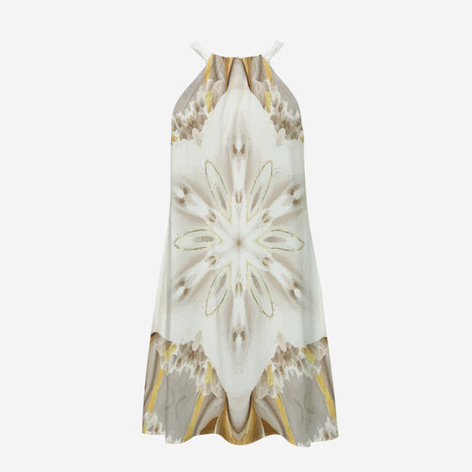 Women's White & Gold Printed Halter Dress