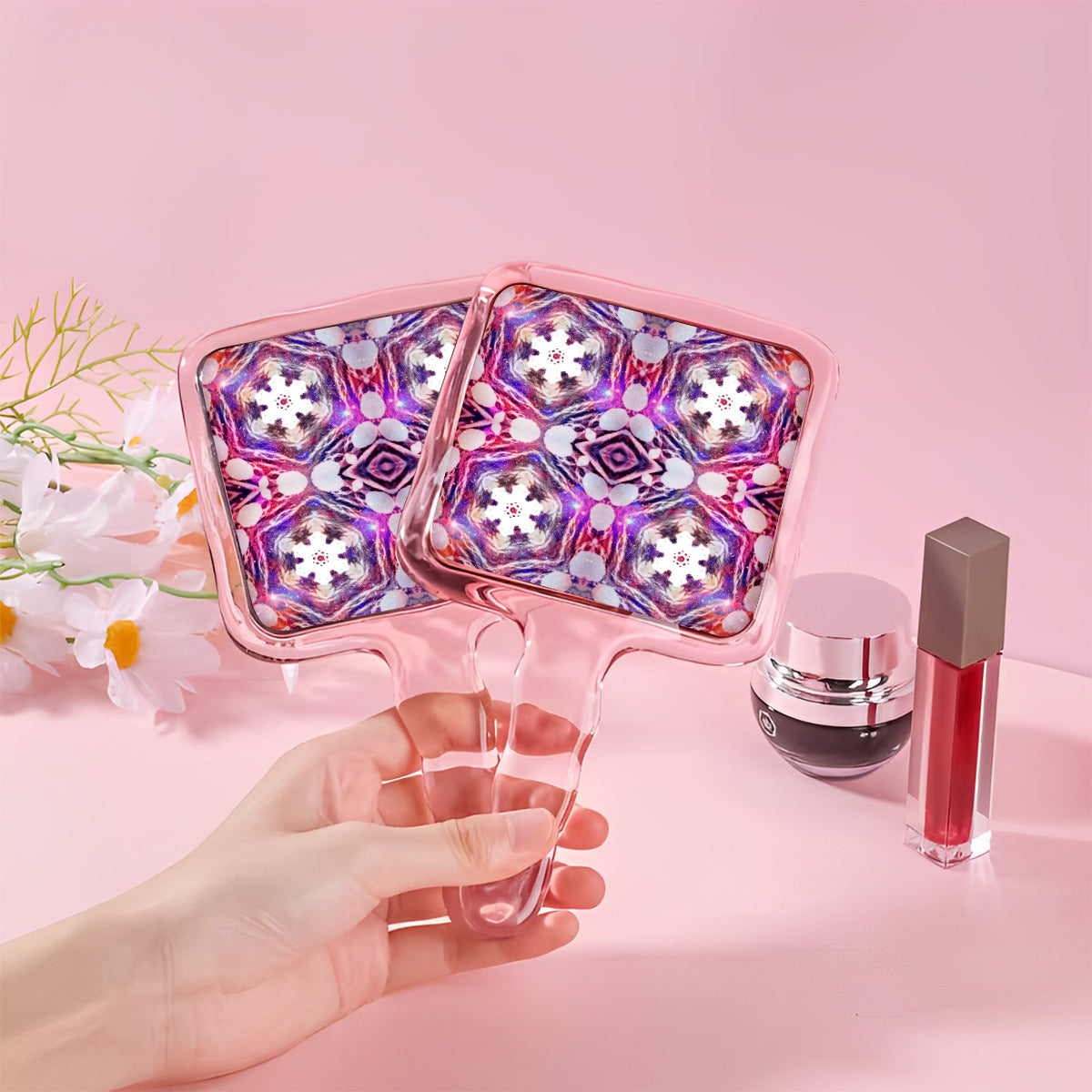 Hot Pink Star Pattern Cute Handheld Makeup Mirror