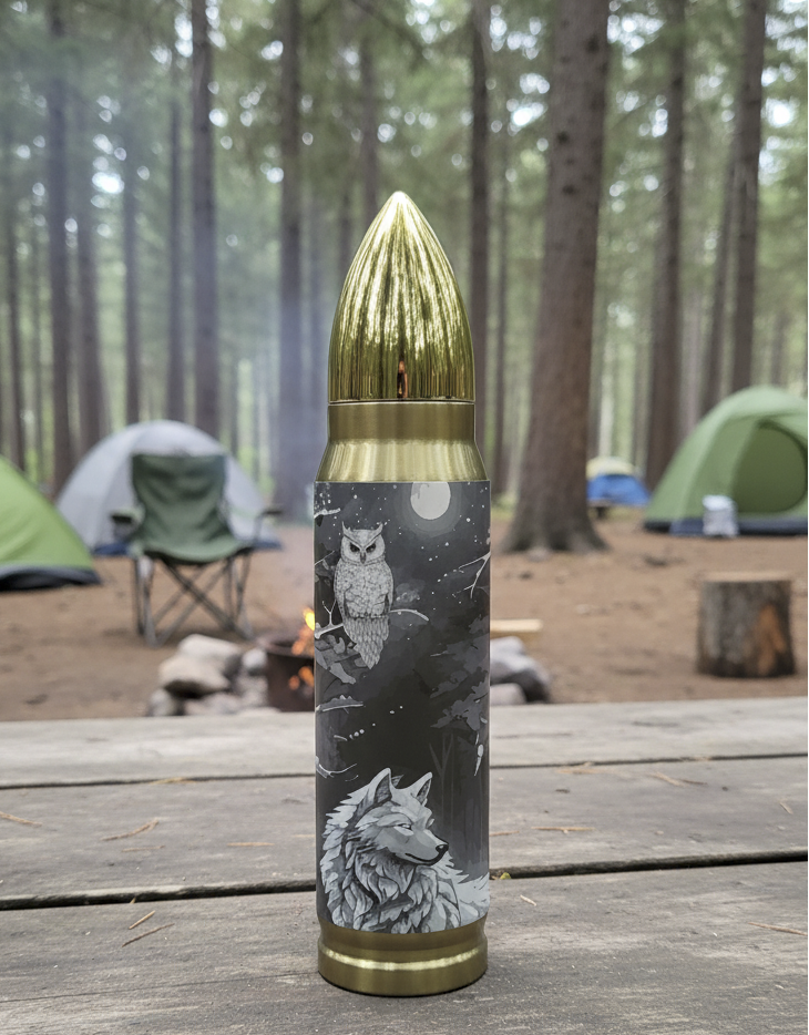 Bullet shaped tumbler with wolf design sitting on a wooden table in a forest setting