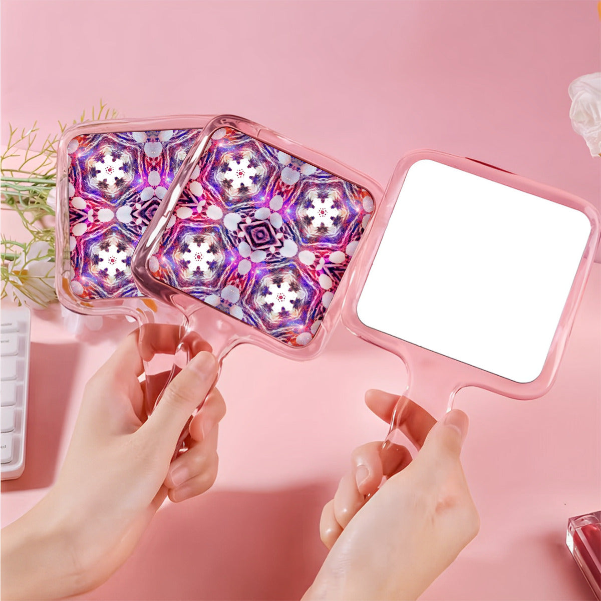 Hot Pink Star Pattern Cute Handheld Makeup Mirror