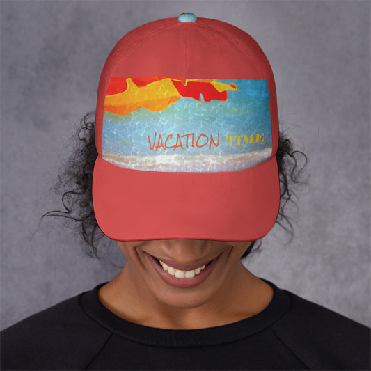 Vacation Time Beach Scene Printed Red Cap