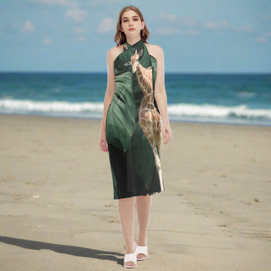 Tall Giraffe with Greenery Printed Mesh Women's Beach Cover Up Dress
