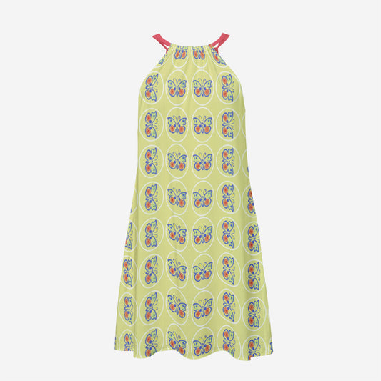 Women's Yellow Butterfly Design Printed Halter Dress
