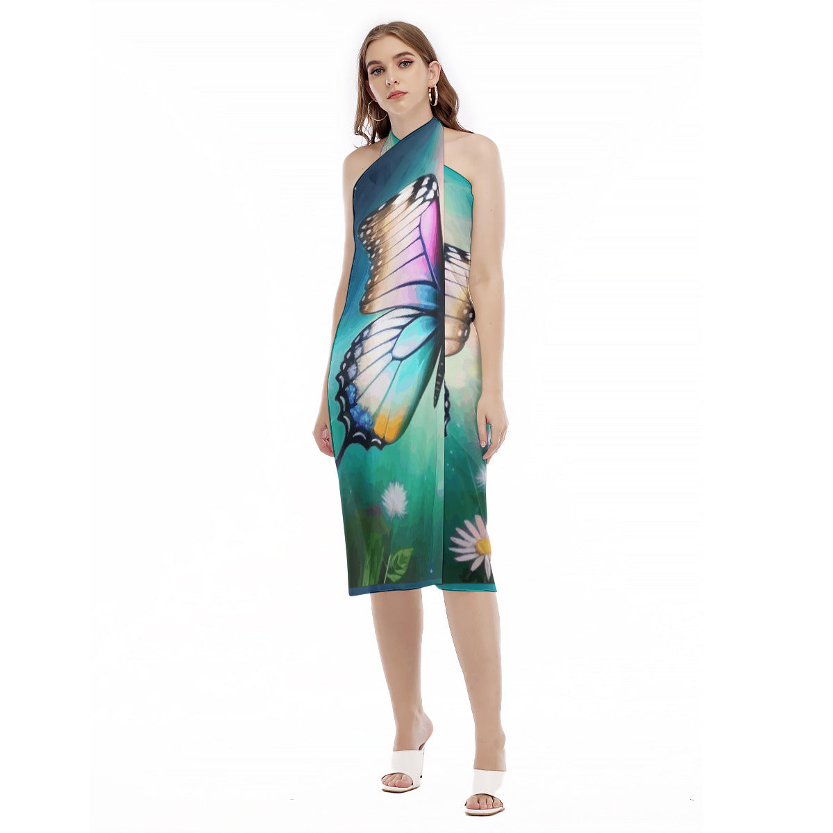 Beautiful Butterfly and Daisies Printed Women's Beach Cover Up Dress