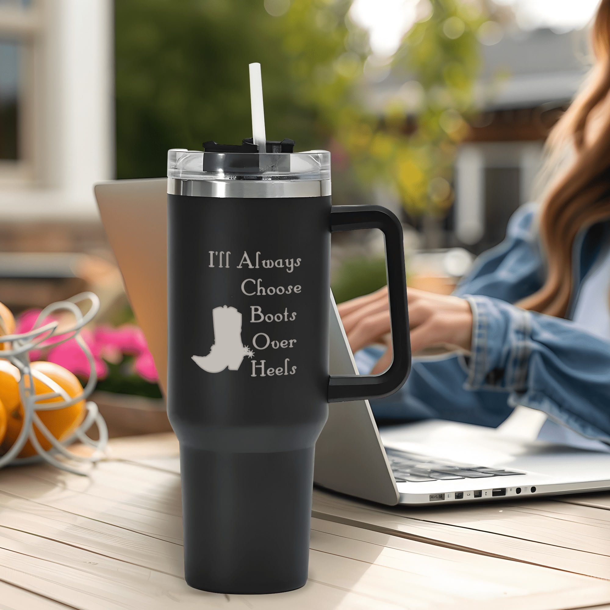 Cowgirl I'll Always Choose Boots over Heels 40oz Stainless Steel Tumbler Travel Mug with Handle