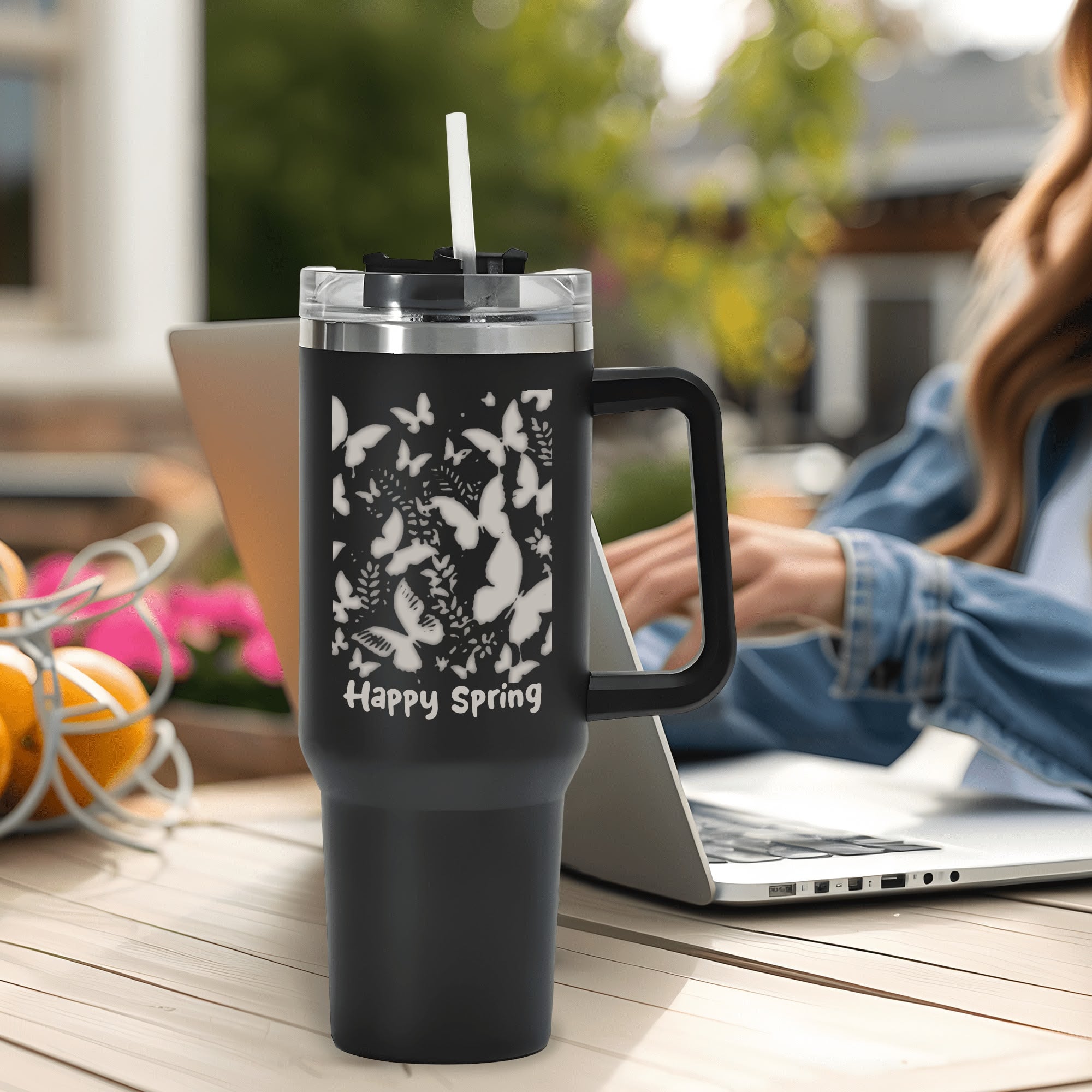 Happy Spring Flying Butterflies 40oz Stainless Steel Tumbler Travel Mug with Handle