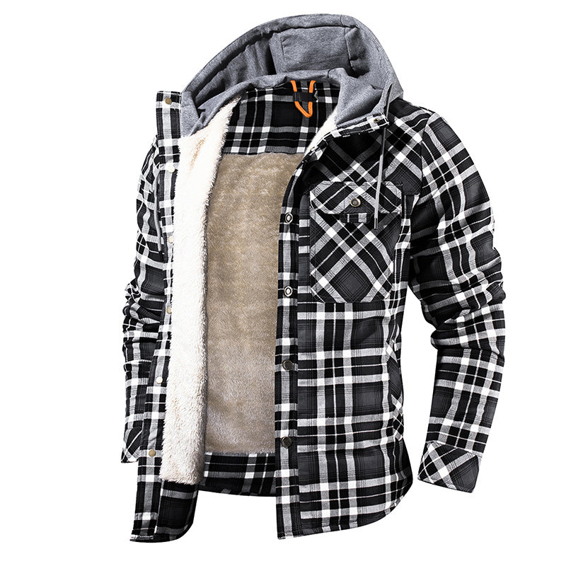 Men's Warm Fleece Lining Plaid Hooded Jacket