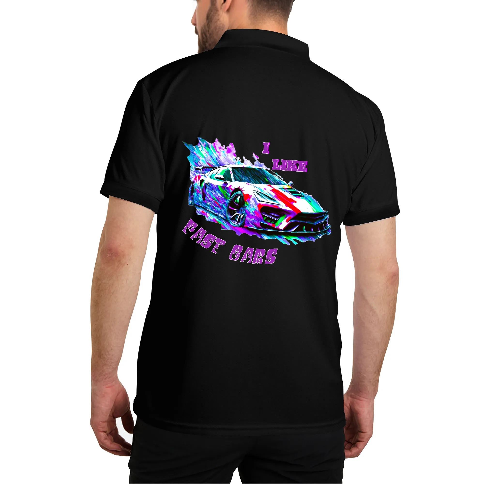 Men's I Like Fast Cars Front & Back Printing Black Polo Shirt