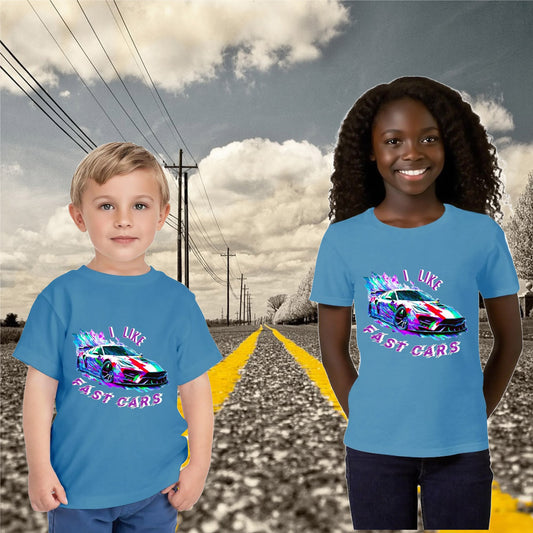 Two children wearing blue t-shirts with a car graphic and text, standing on a road with power lines and clouds in the background.