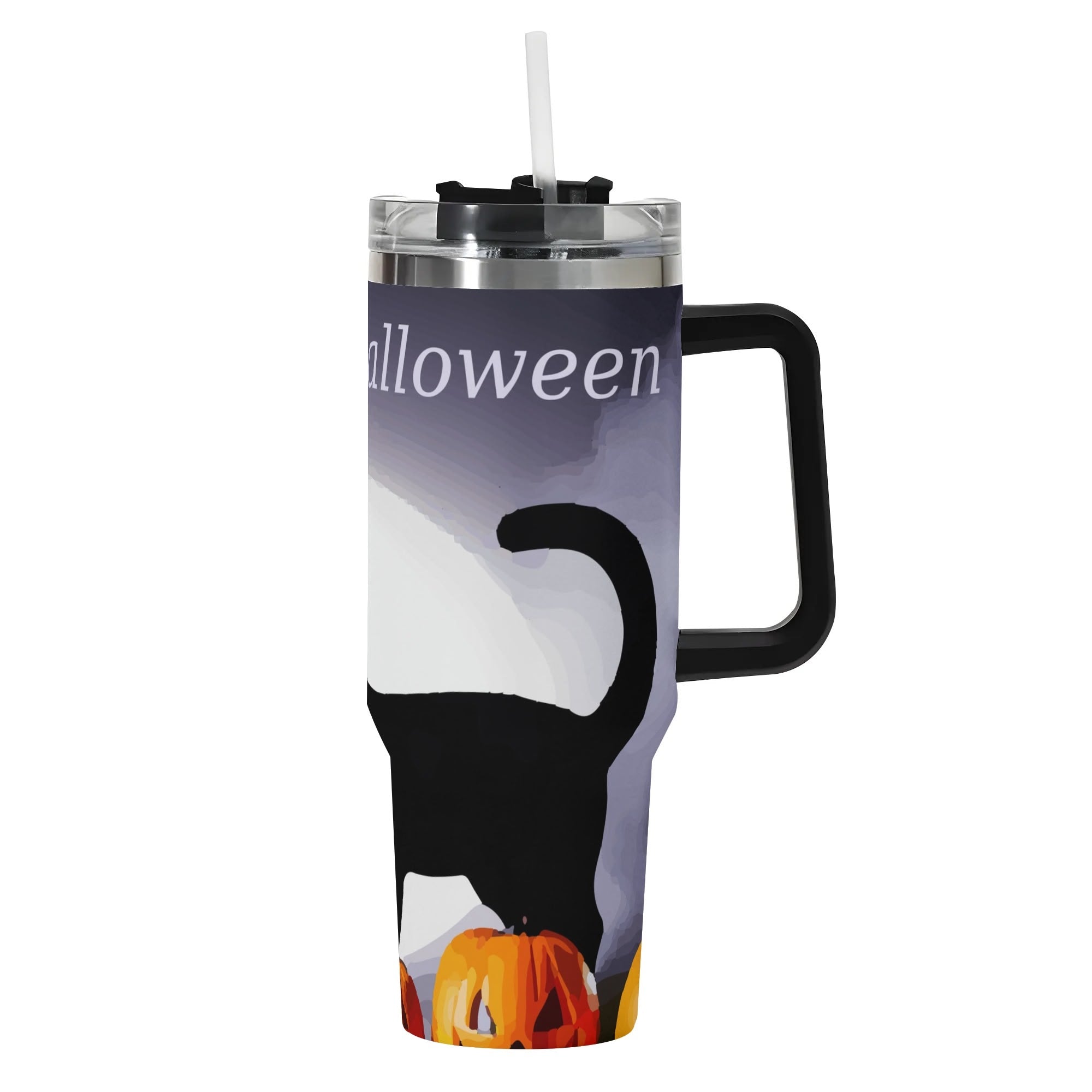 Happy Halloween Black Cat & Pumpkins 40oz Stainless Steel Tumbler With Black Handle (Made in USA)