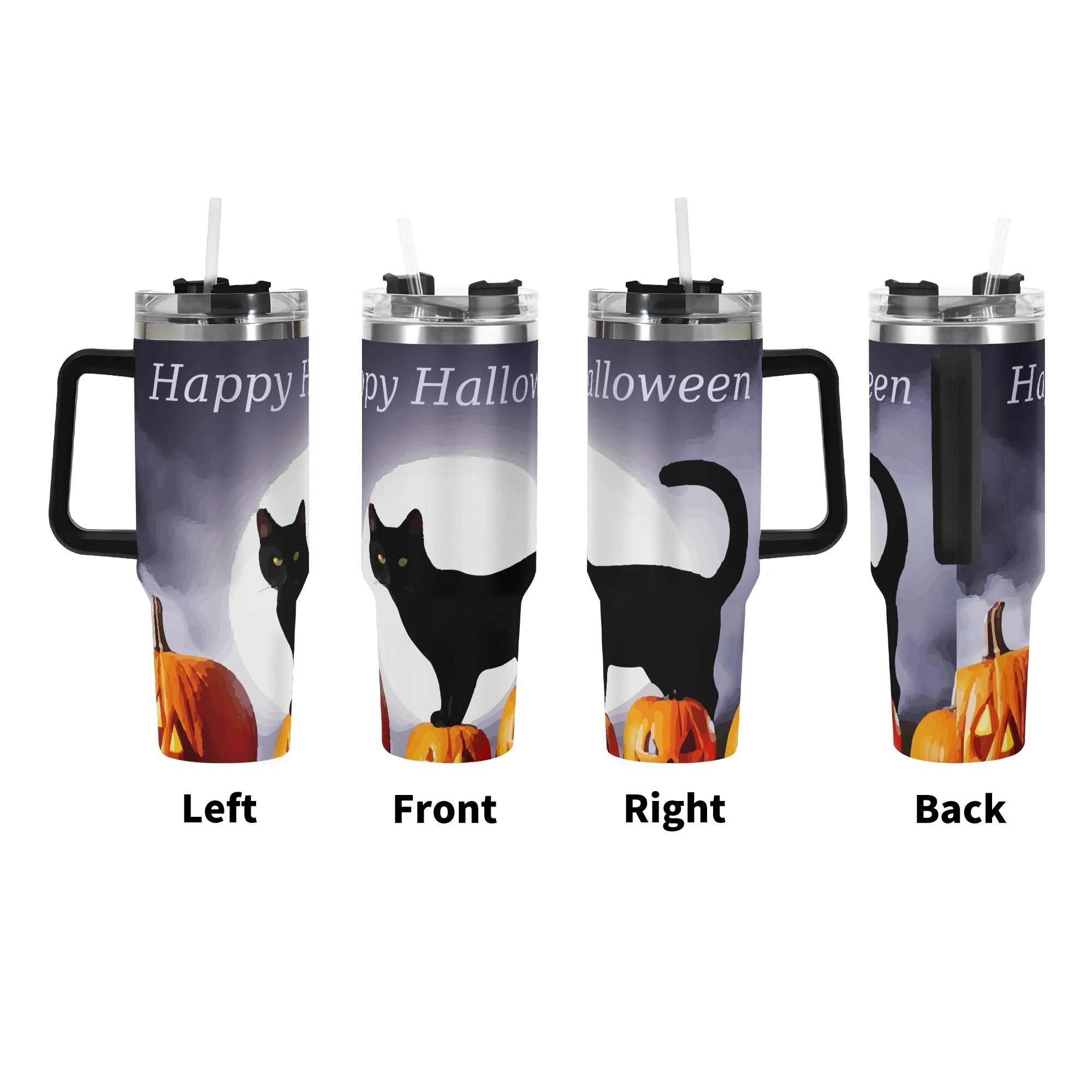 Happy Halloween Black Cat & Pumpkins 40oz Stainless Steel Tumbler With Black Handle (Made in USA)