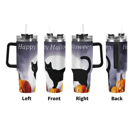 Happy Halloween Black Cat & Pumpkins 40oz Stainless Steel Tumbler With Black Handle (Made in USA)