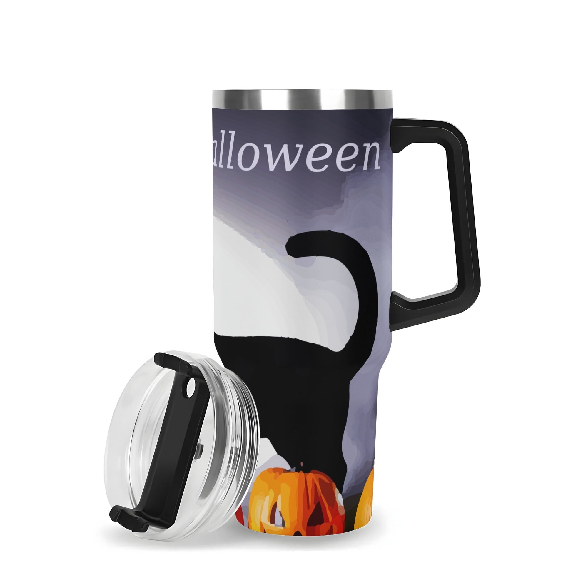 Happy Halloween Black Cat & Pumpkins 40oz Stainless Steel Tumbler With Black Handle (Made in USA)