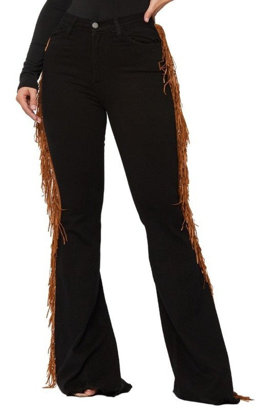 Women's Black Bell Bottom Pants with Side Fringe