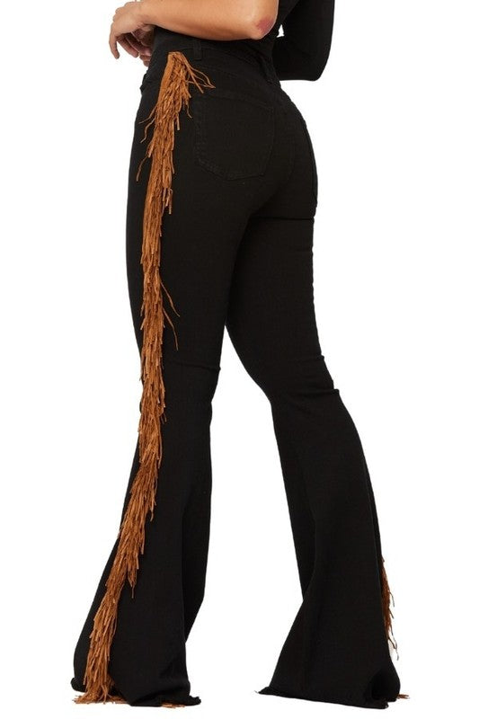 Women's Black Bell Bottom Pants with Side Fringe