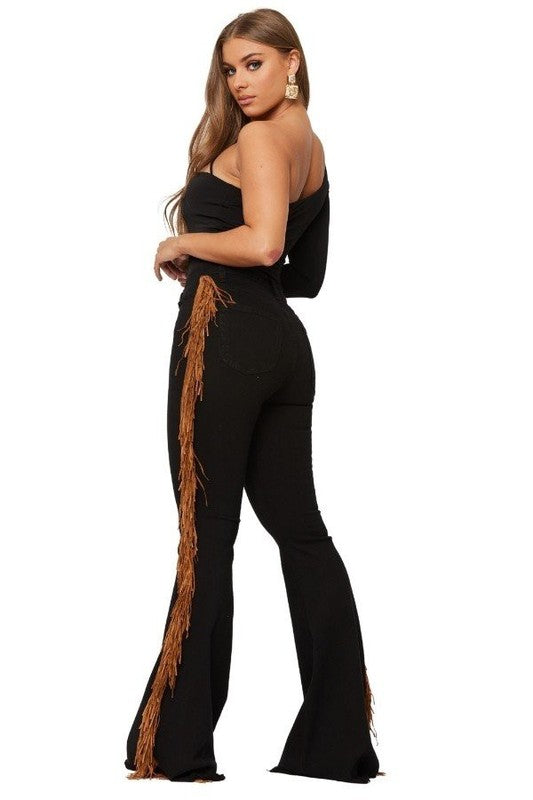 Women's Black Bell Bottom Pants with Side Fringe