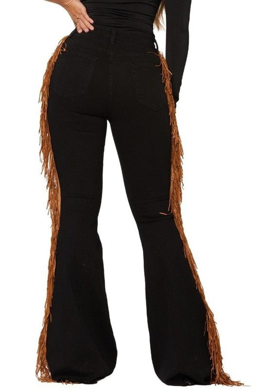 Women's Black Bell Bottom Pants with Side Fringe