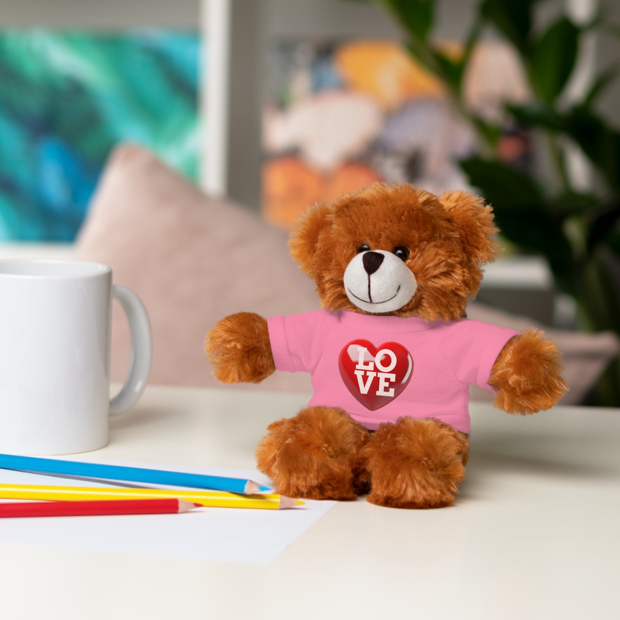 Stuffed Animal Wearing T-shirt with Red Heart and Love