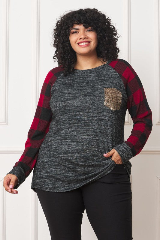 Women's Plus Size Checkered Sequin Pocket Tunic Shirt