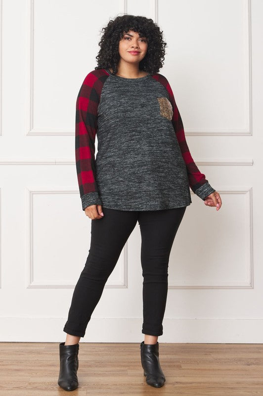 Women's Plus Size Checkered Sequin Pocket Tunic Shirt