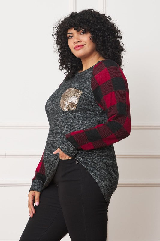 Women's Plus Size Checkered Sequin Pocket Tunic Shirt