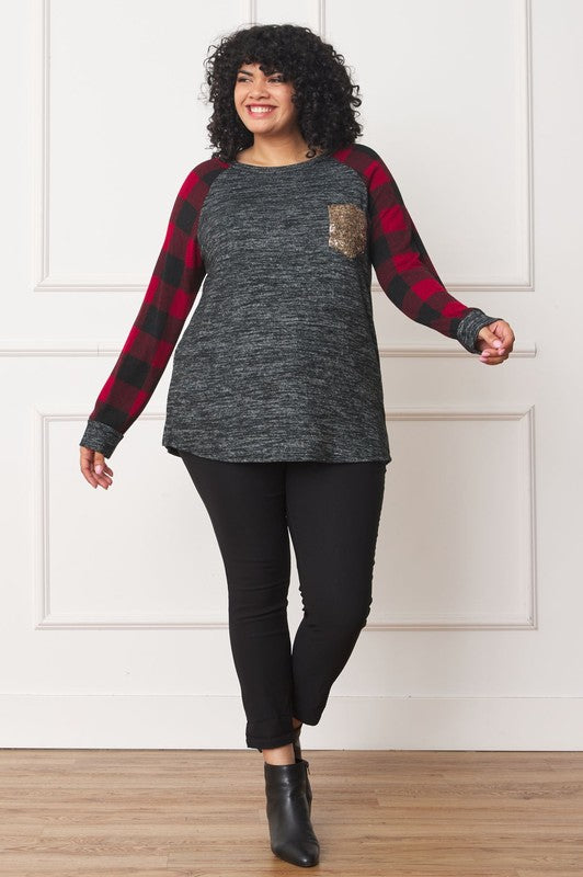 Women's Plus Size Checkered Sequin Pocket Tunic Shirt