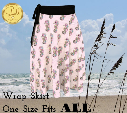 Seahorses on Pink Wave Short Wrap Skirt