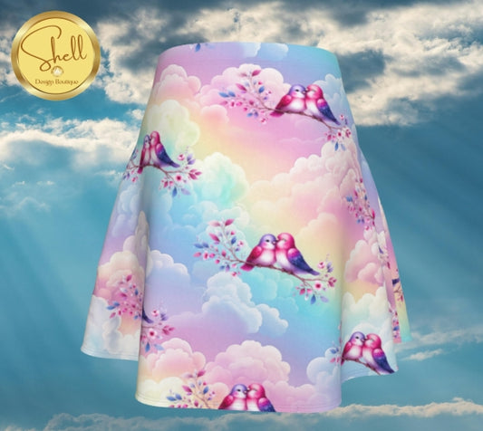 Love Birds and Pastel Skies Short Flared Skirt