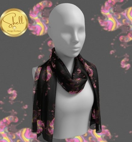 Pink Swirls on Black Long Scarf
